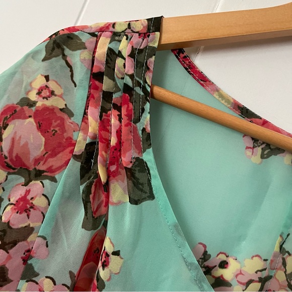 Farm Rio Floral Short Sleeve Blouse Turquoise Teal Flowers Button Pink Top - Picture 7 of 12